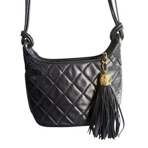 Authentic Chanel Lamb Skin Leather Quilted Crossbody Bag with Tassel